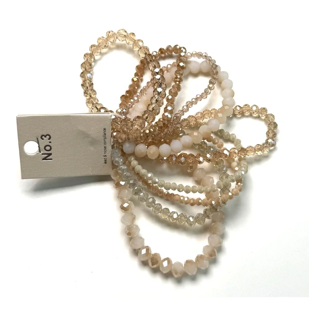 No.3 Beaded Stretch Bracelet Stack NWT Blush Champagne Crystal Boho   Bridal Set